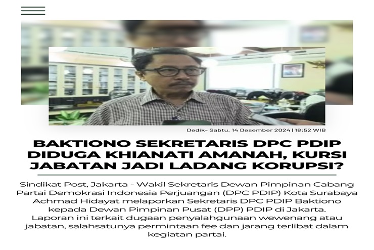 "Minta Fee" Baktiono Sekretaris DPC PDIP Dilaporkan ke DPP PDIP